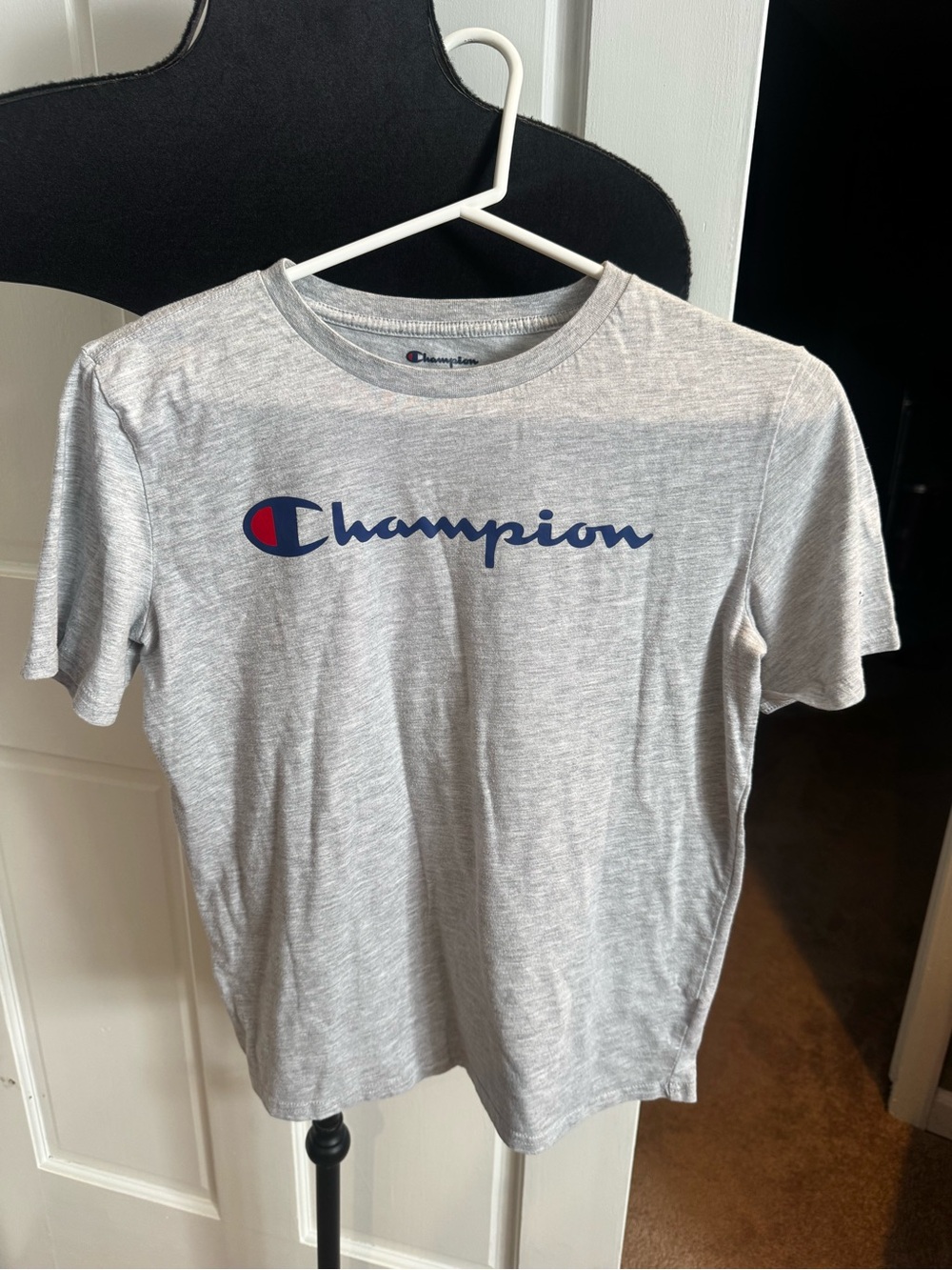 Champion Light Gray Short Sleeve Tee with Navy Logo and Red Accent